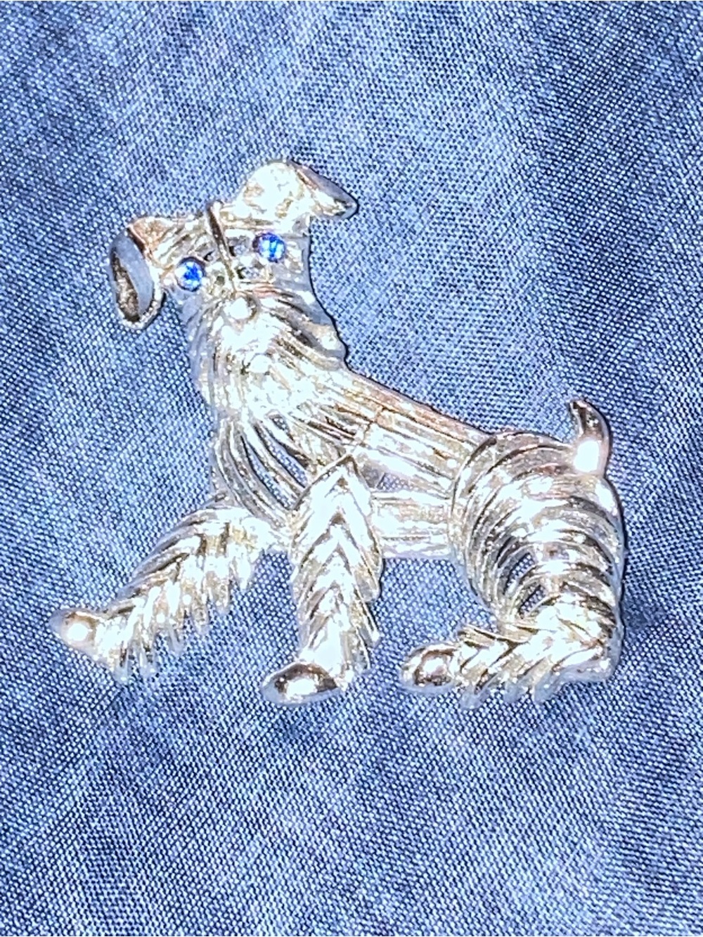 Silver-tone Dog Pin with Blue Rhinestone Eyes